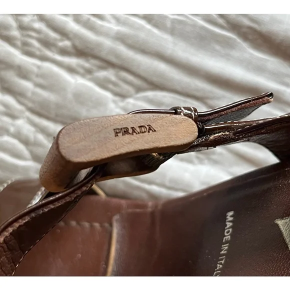 Women's Prada Brown Patent Leather Wood Heel Sandals Size 9 - Picture 11 of 11